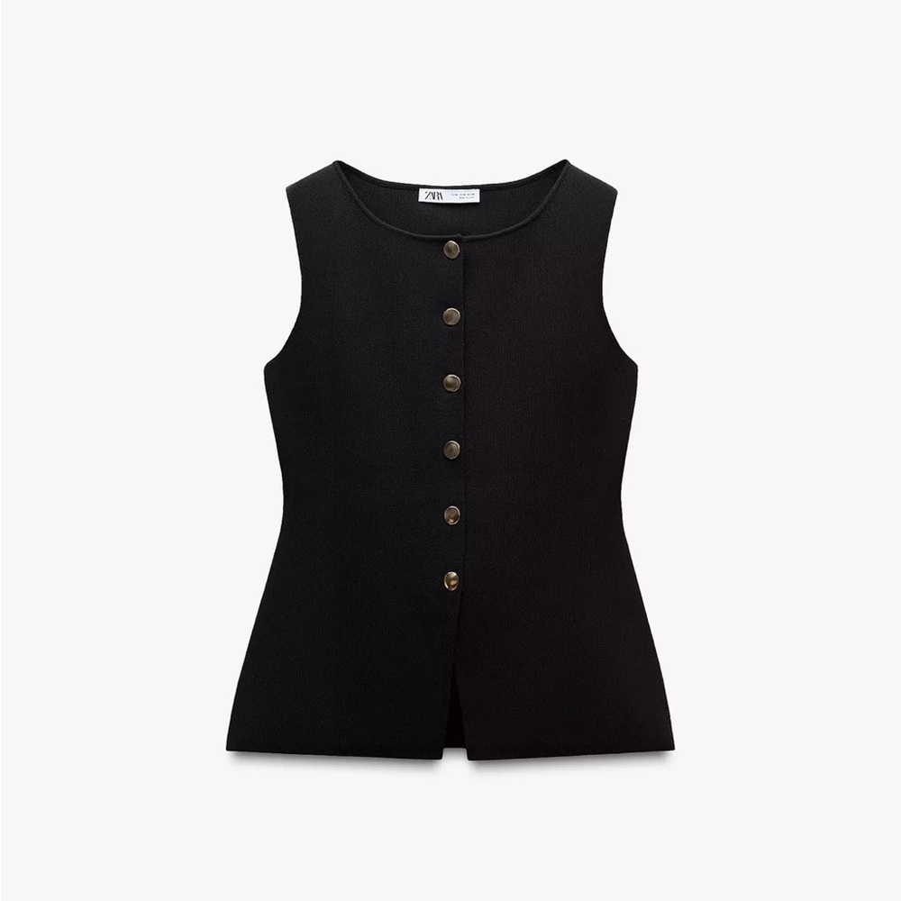 Zara Black Gold Button Knitted Vest Top - Picture 2 of 9